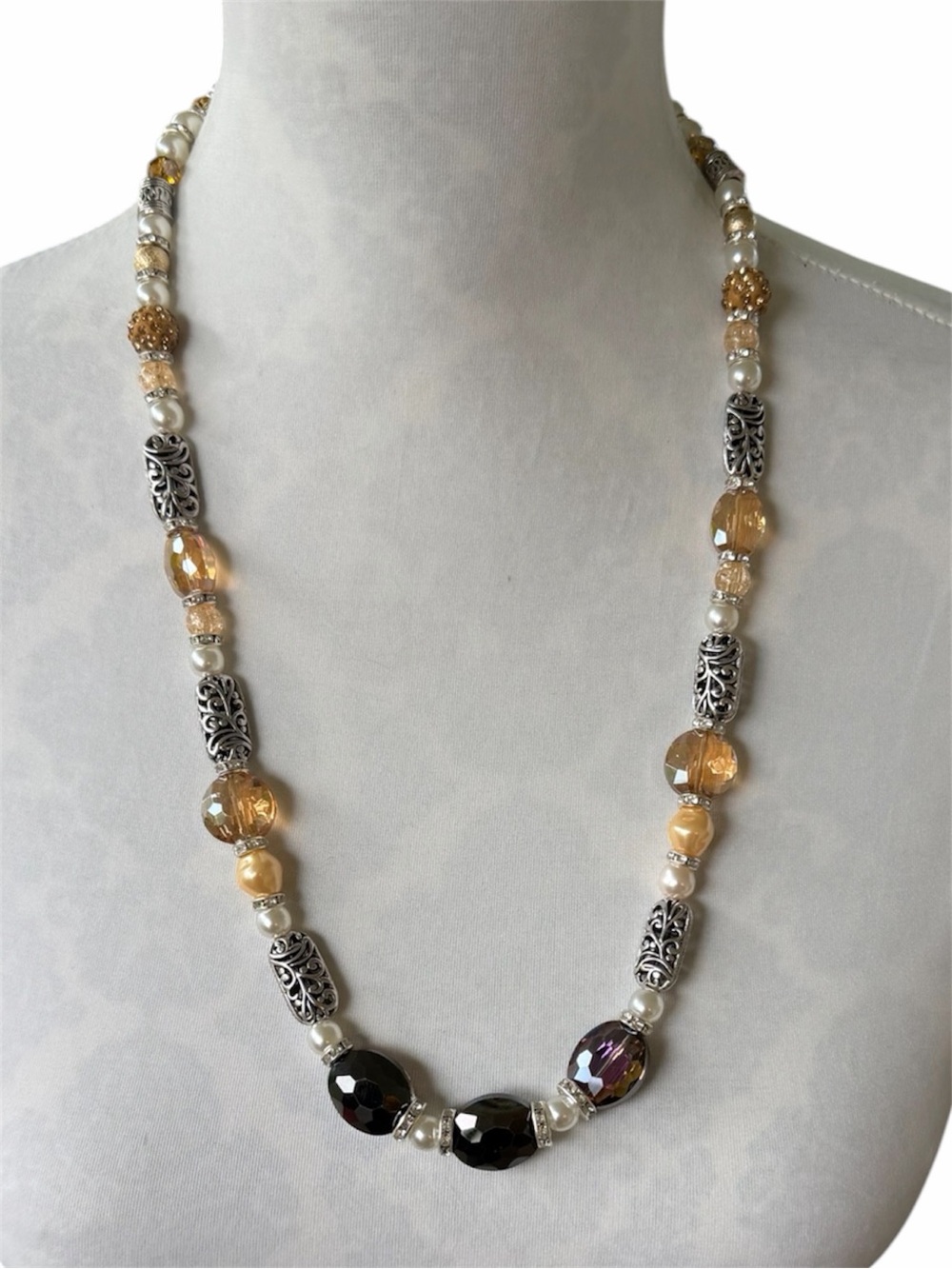 Vintage-Inspired Pearl & Crystal Statement Necklace Purple Gold & Silver